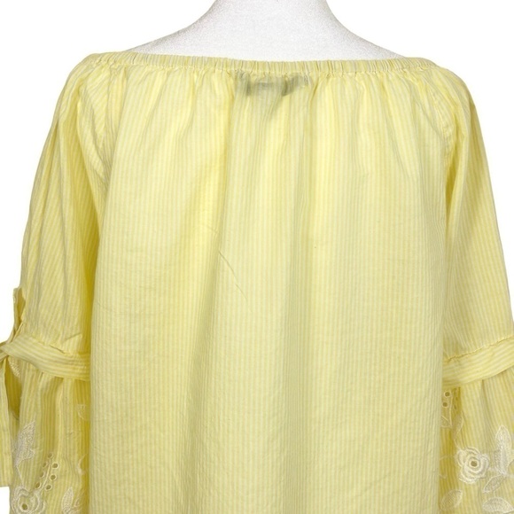 Fever Boho Peasant Blouse with Embroidered Bell Sleeves Yellow White Striped L - Picture 7 of 15